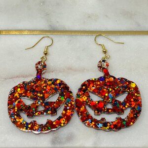 October Nights Glitter Resin Pumpkin Earrings - Statement Dangle Earrings 18k Pl